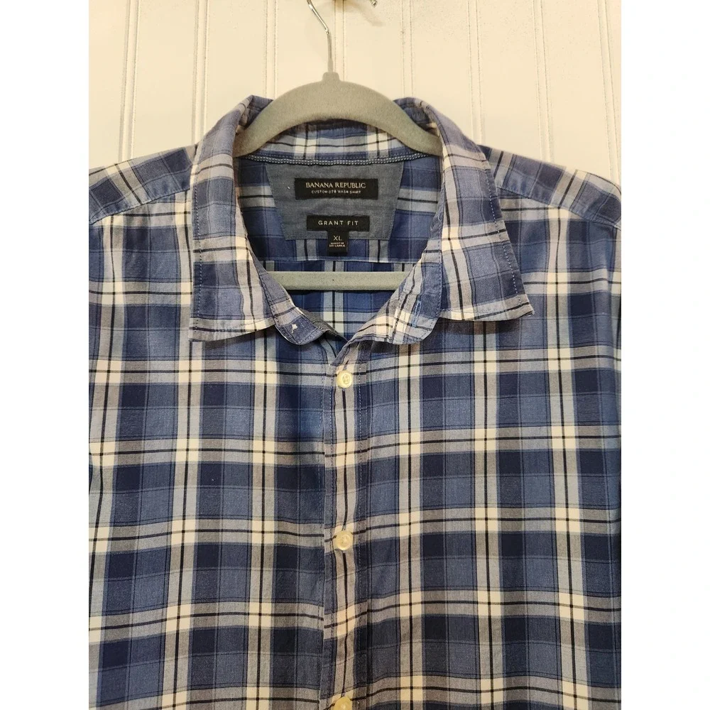 Banana Republic Mens XL Grant Fit Custom Wash Blue Plaid Cotton Button‎ Shirt